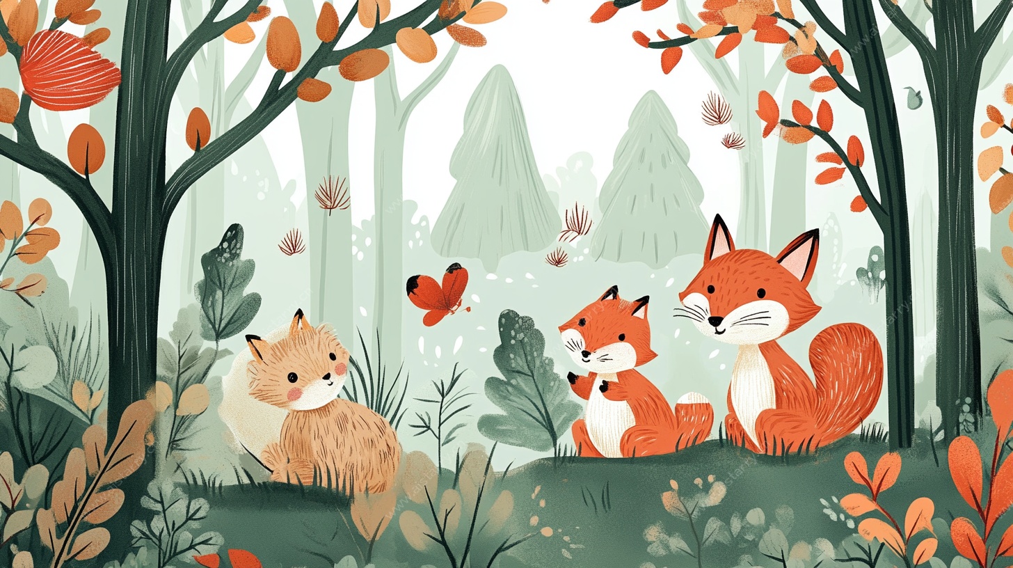 秋日森林中的狐狸一家