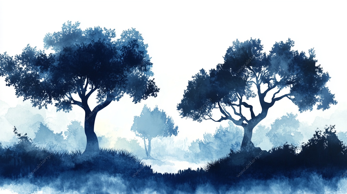 蓝调水墨风双树静谧图景