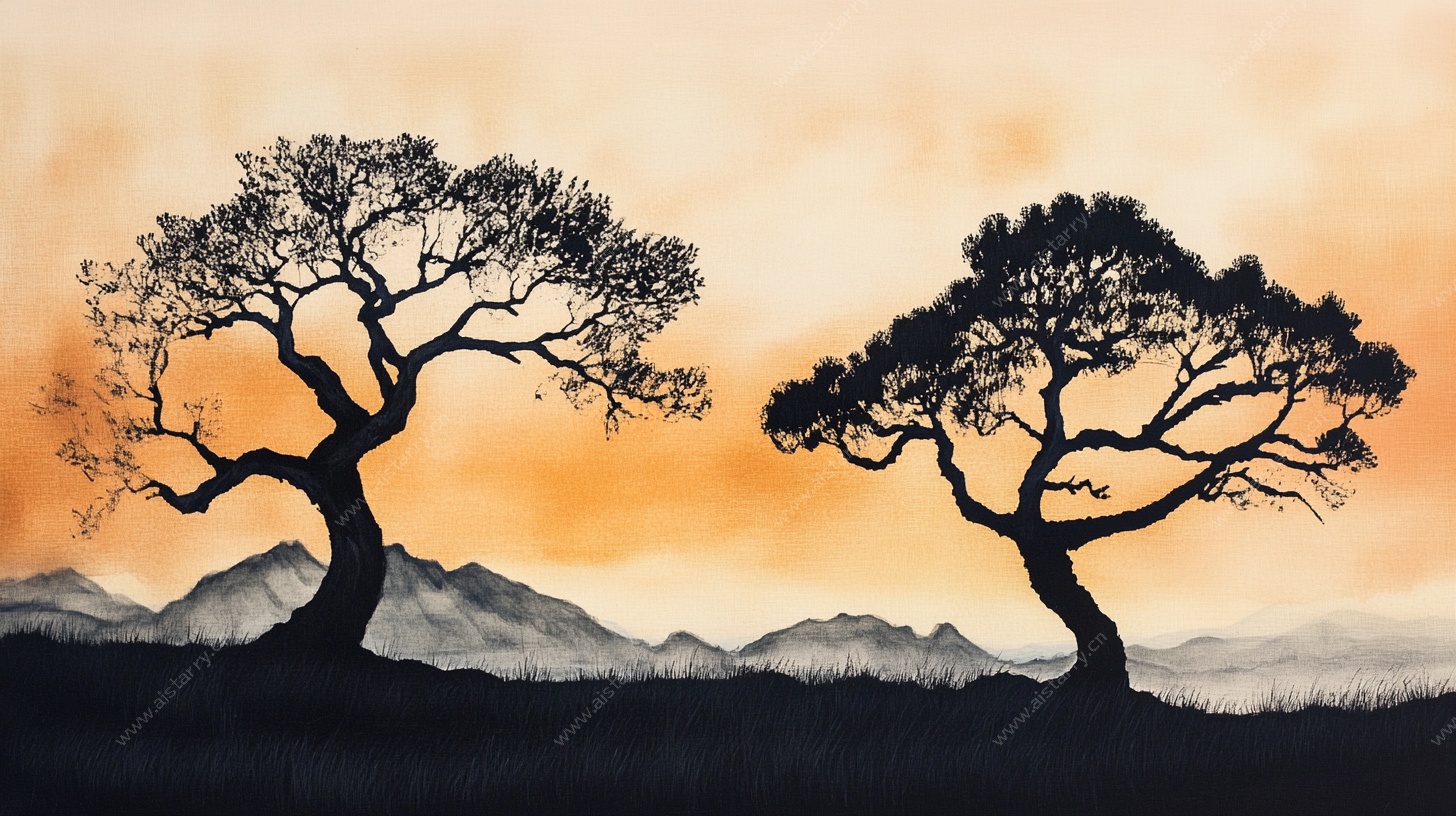 黄昏双树剪影图