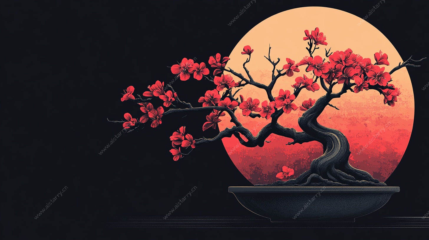 月夜红梅盆景图