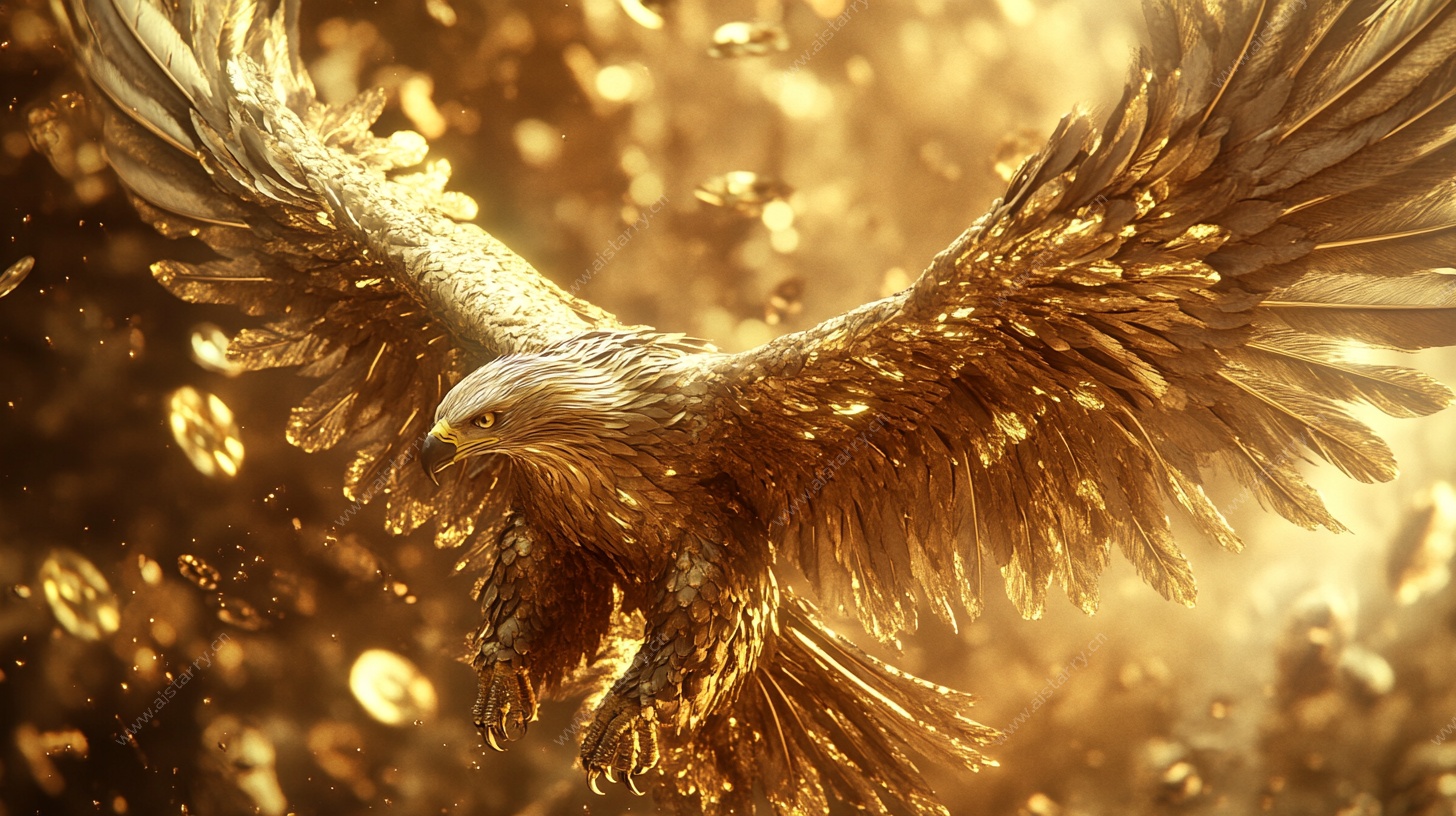 金色雄鹰展翅高飞瞬间