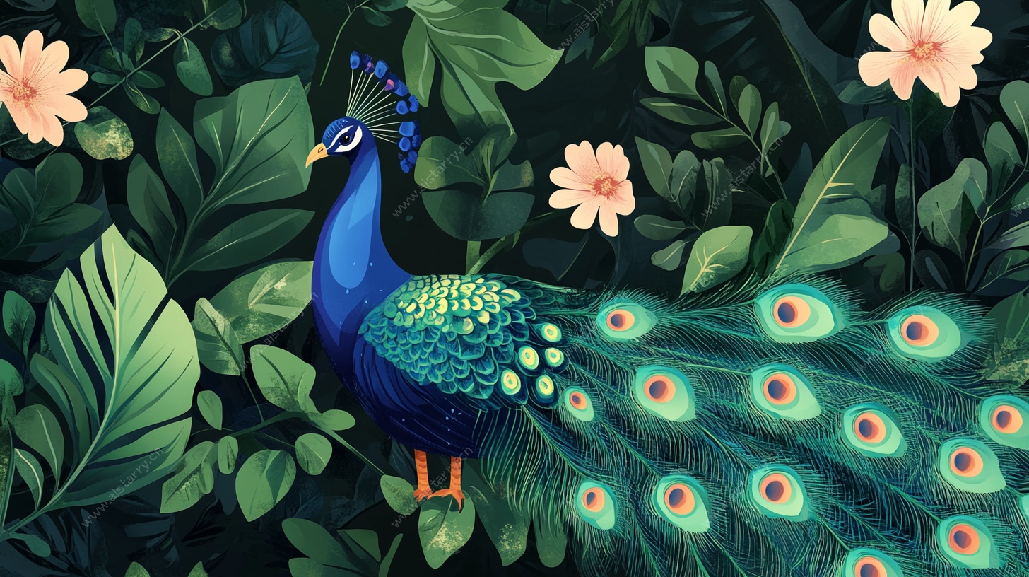 孔雀栖于繁花绿叶间