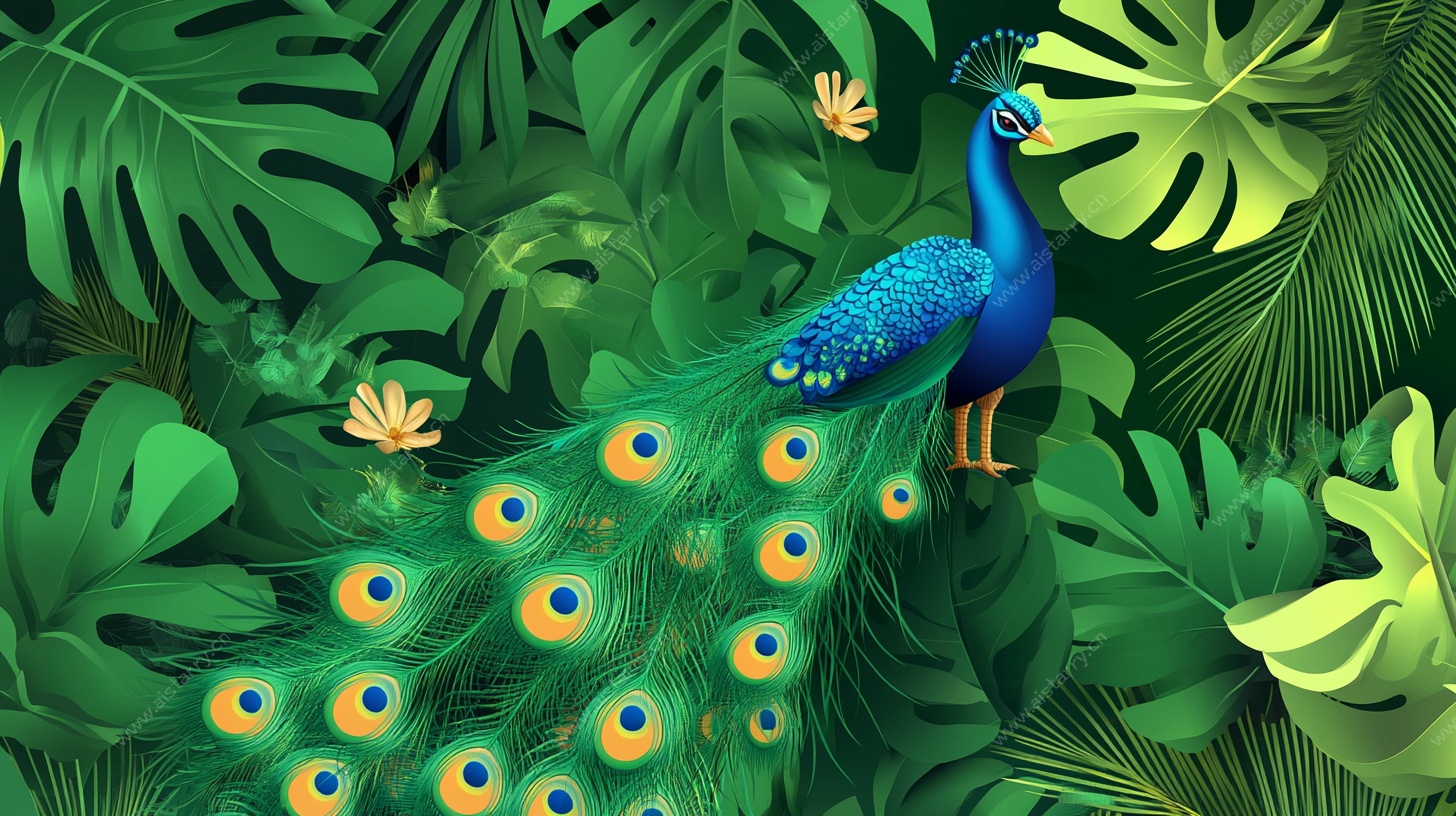 孔雀漫步于热带植物间