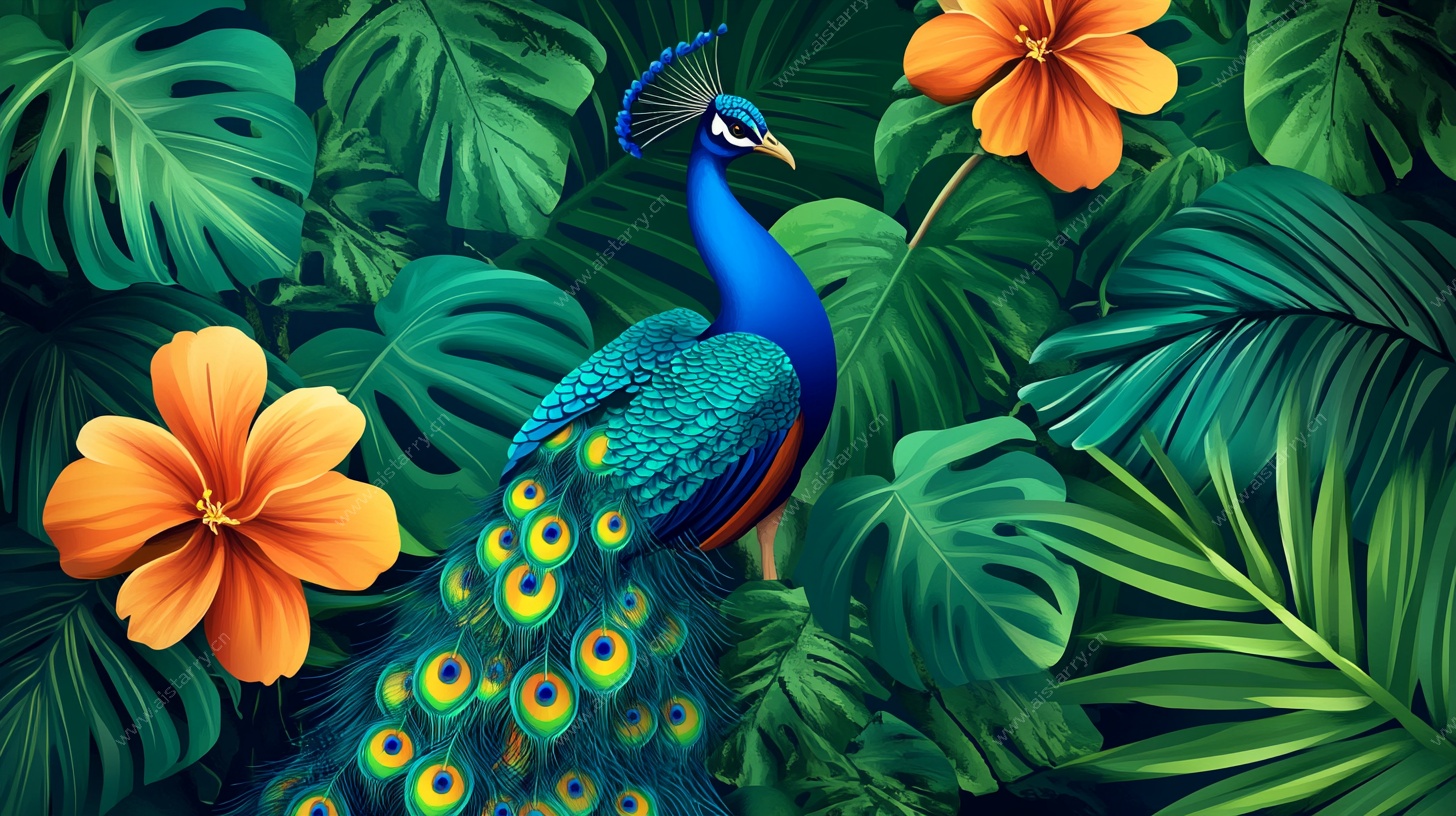 孔雀栖于热带花卉绿叶间