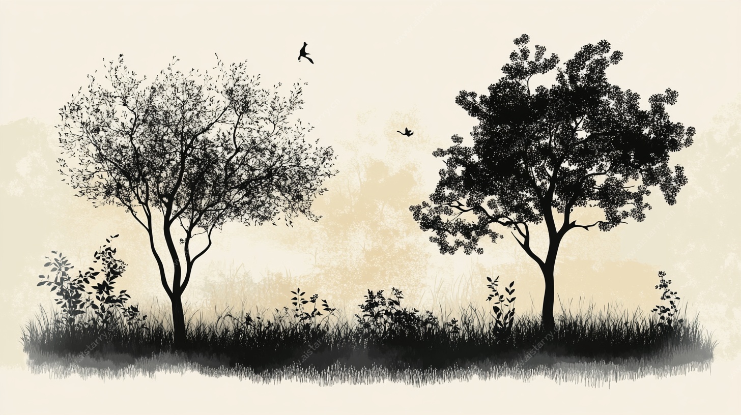 水墨风双树飞鸟景致