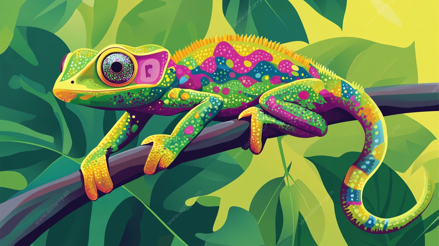 多彩变色龙栖息绿叶间