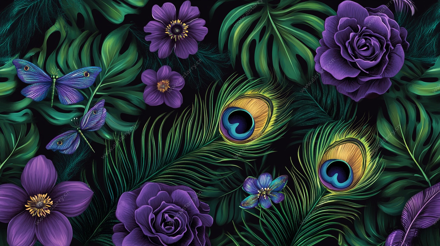 紫韵花卉孔雀羽毛插画