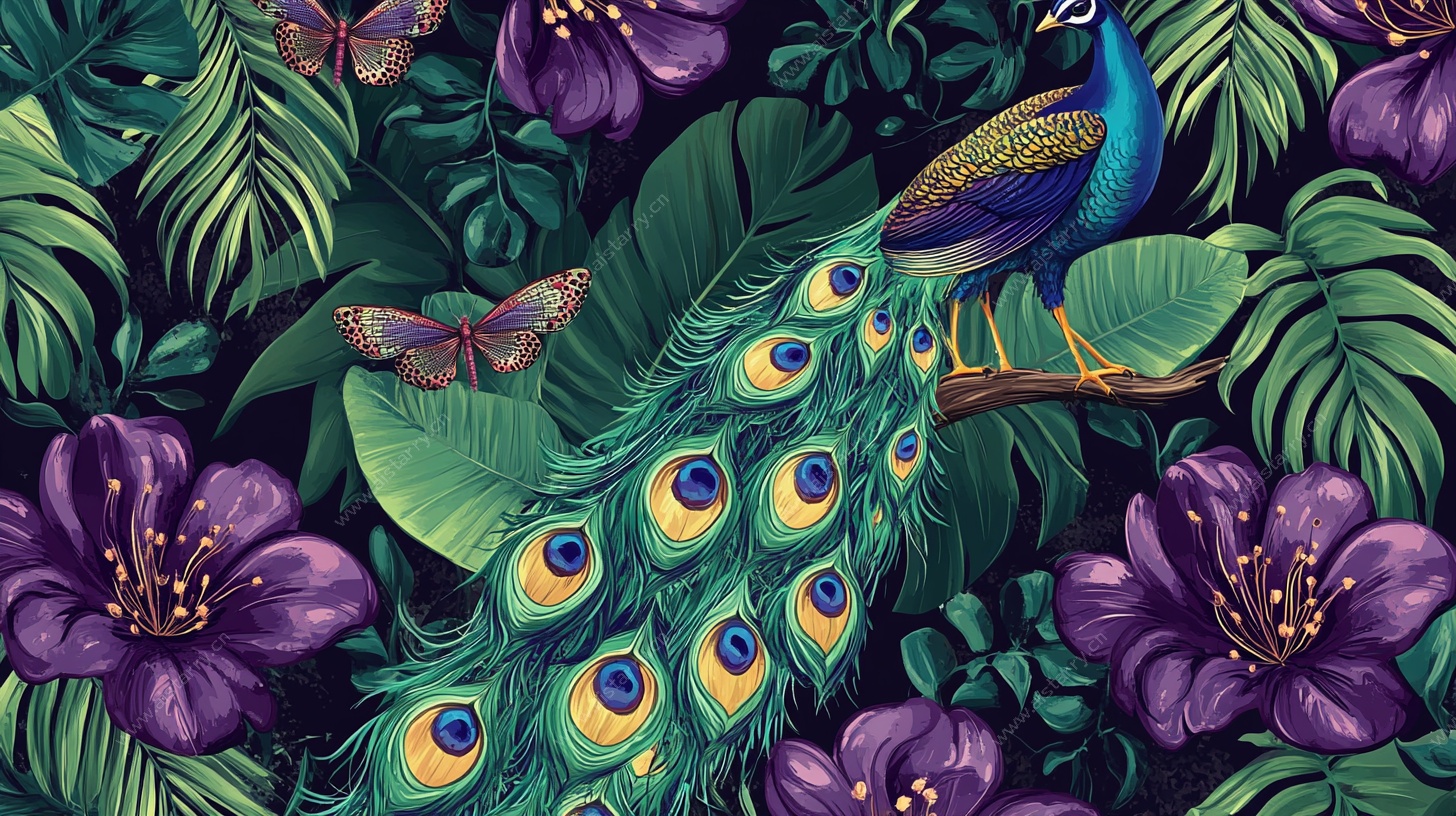 孔雀栖花丛林插画图案