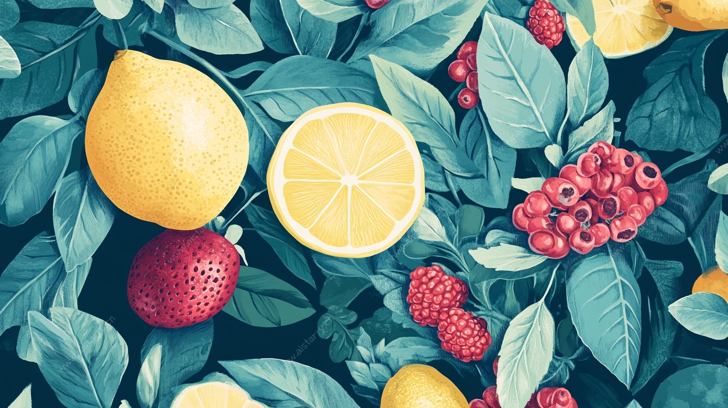 水果与绿叶的清新插画