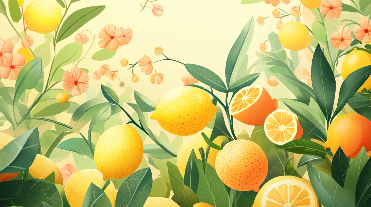柠檬柑橘花卉插画风景