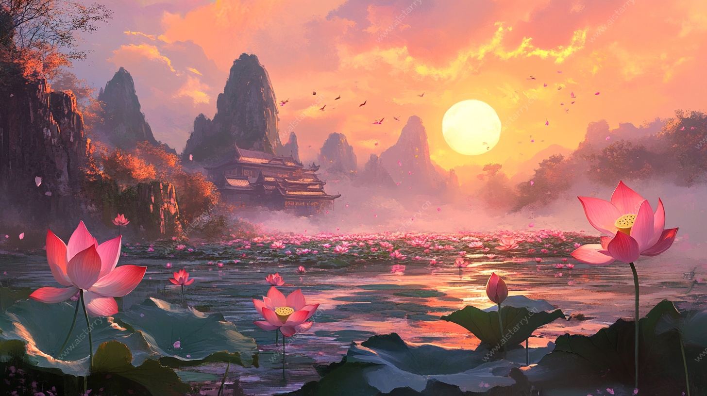 夕阳下的山水荷塘美景