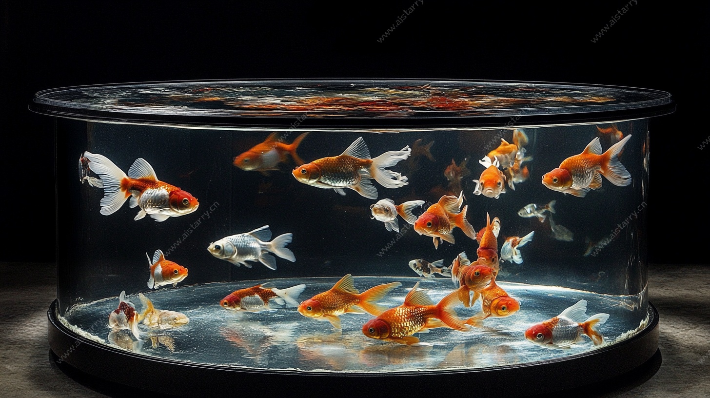 圆缸中的多彩金鱼群
