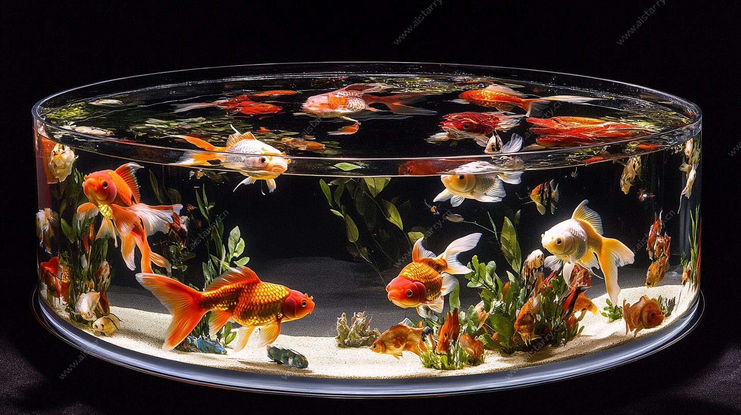 圆形鱼缸中的多彩金鱼