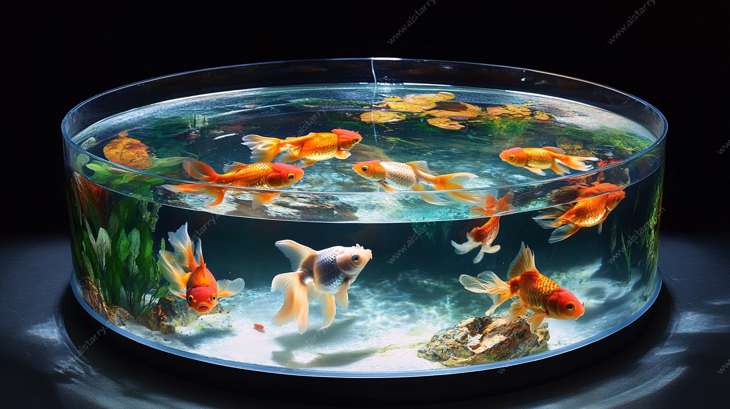 圆形鱼缸里的多彩金鱼