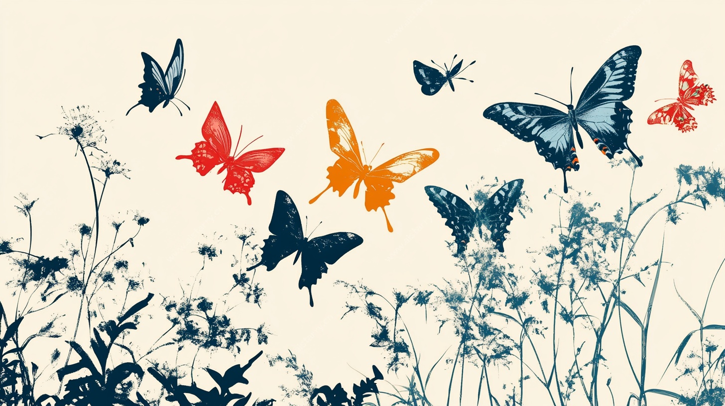 蝴蝶飞舞于花草间插画