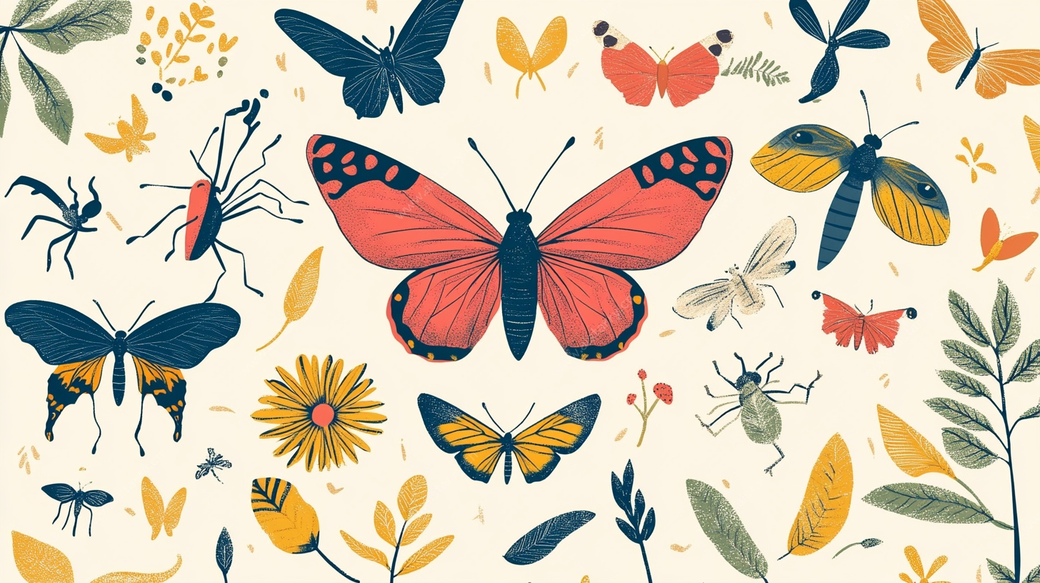 多彩昆虫花卉插画图案