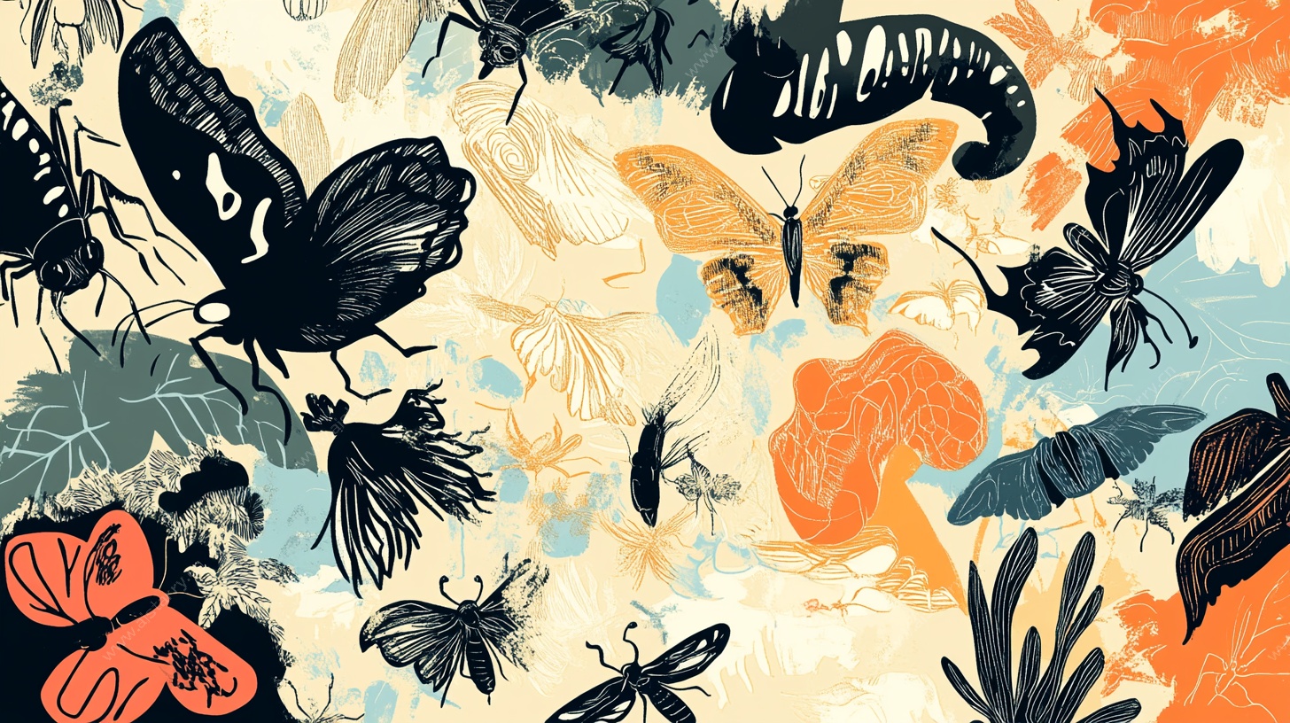 昆虫与花卉的梦幻插画