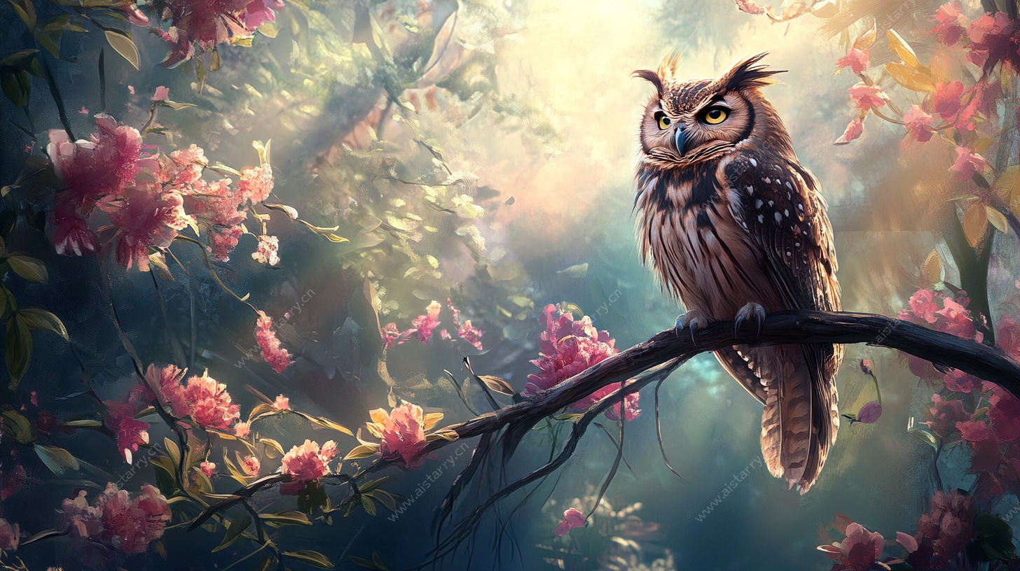 枝头猫头鹰 繁花森林景