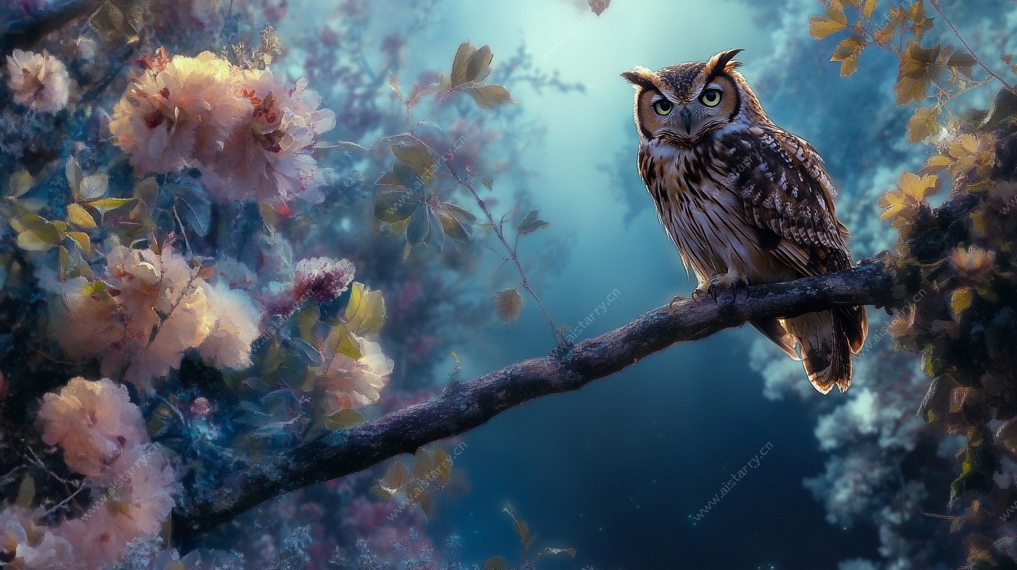 枝头猫头鹰的梦幻景致