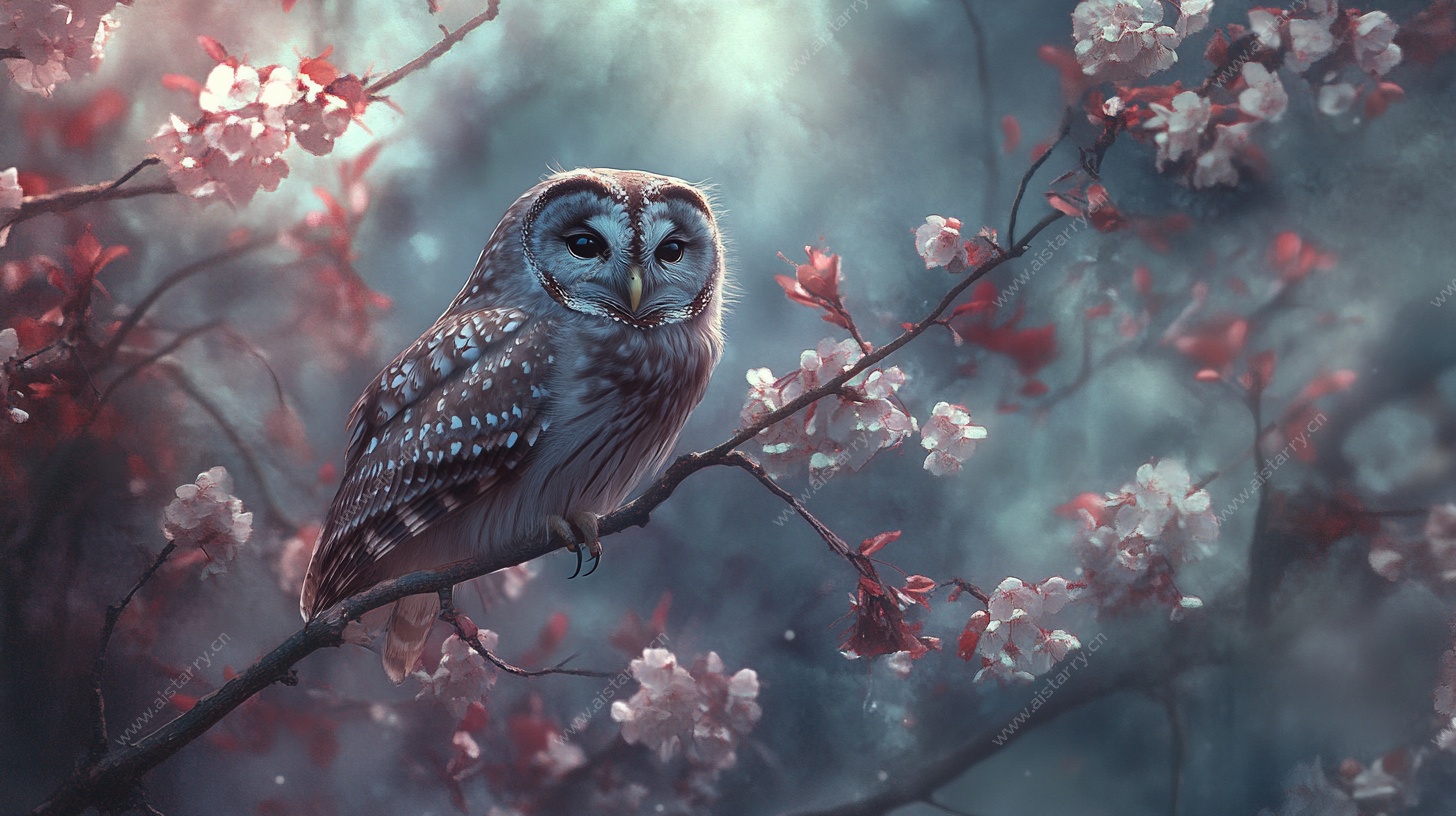 猫头鹰栖于繁花枝头