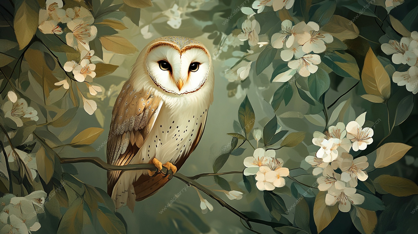 枝头猫头鹰 繁花相映衬