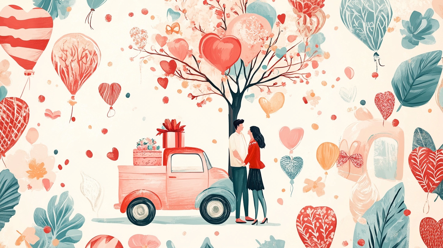 浪漫树下情侣与礼物卡车