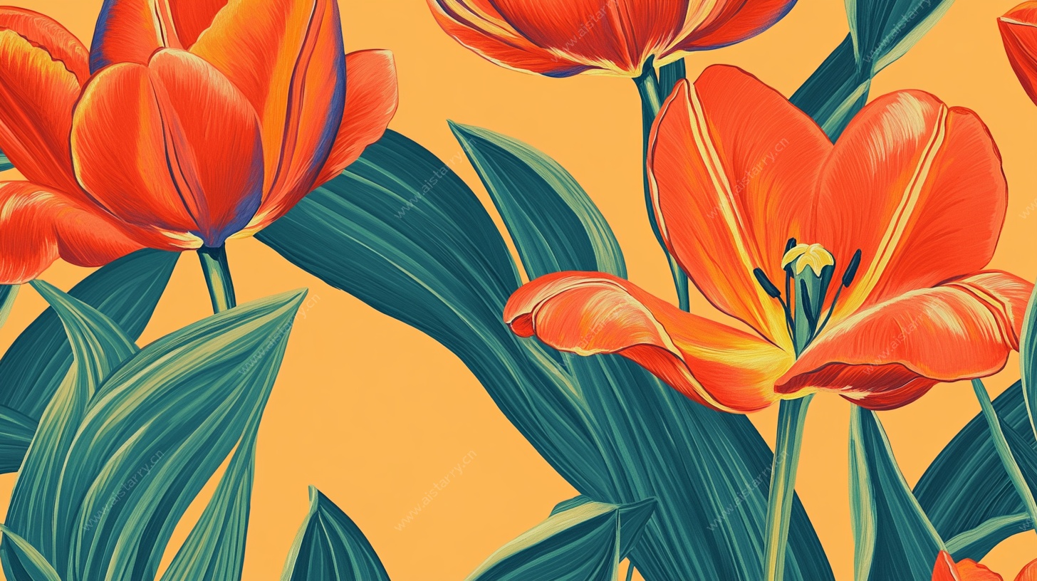 橙黄背景下的艳丽郁金香