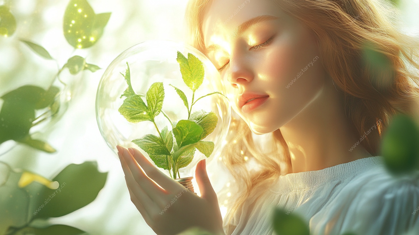 女孩捧绿植梦幻瞬间