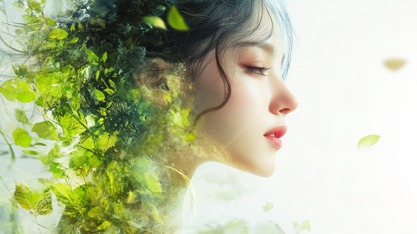 绿叶幻化成的梦幻少女侧颜
