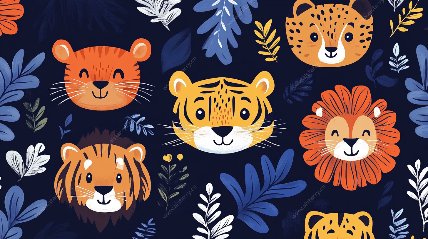 可爱动物与植物图案插画