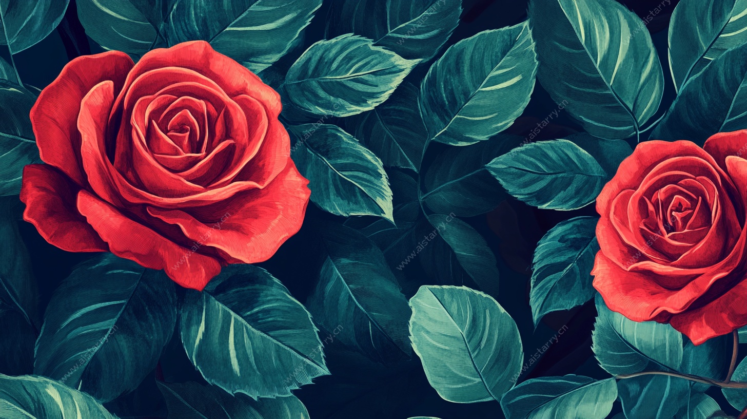 两朵红玫瑰与绿叶图案