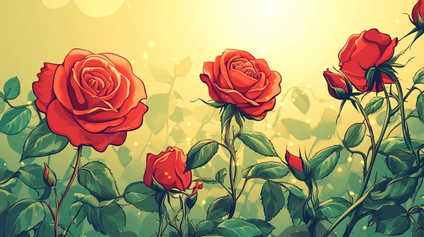 阳光下的红玫瑰插画