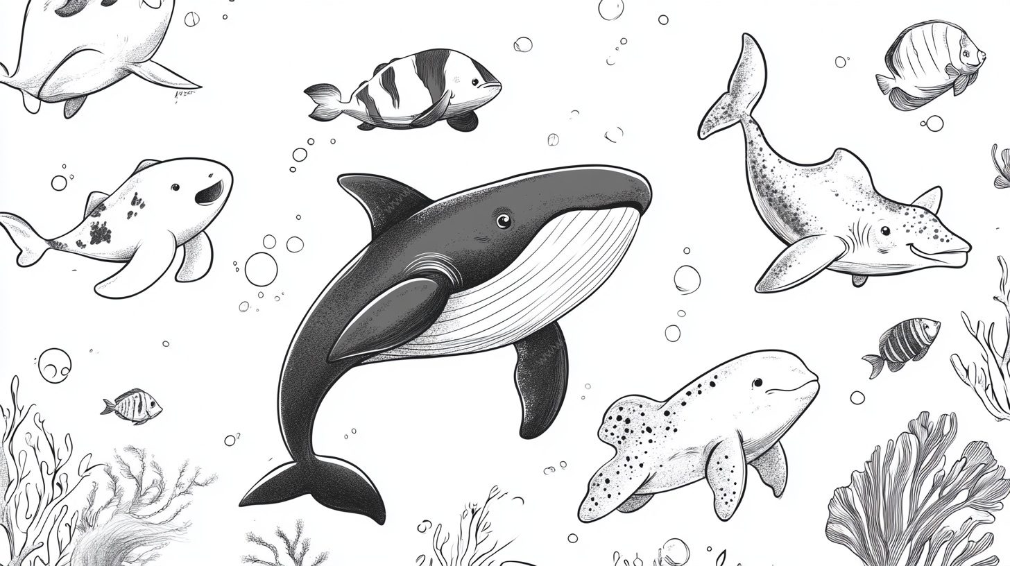 海洋生物黑白插画