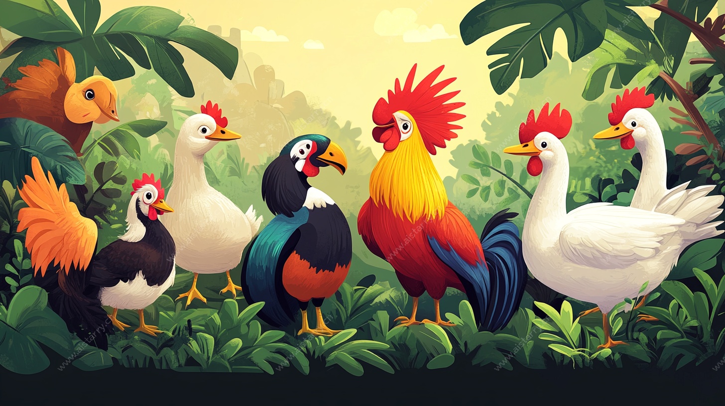 田园多彩家禽群像图