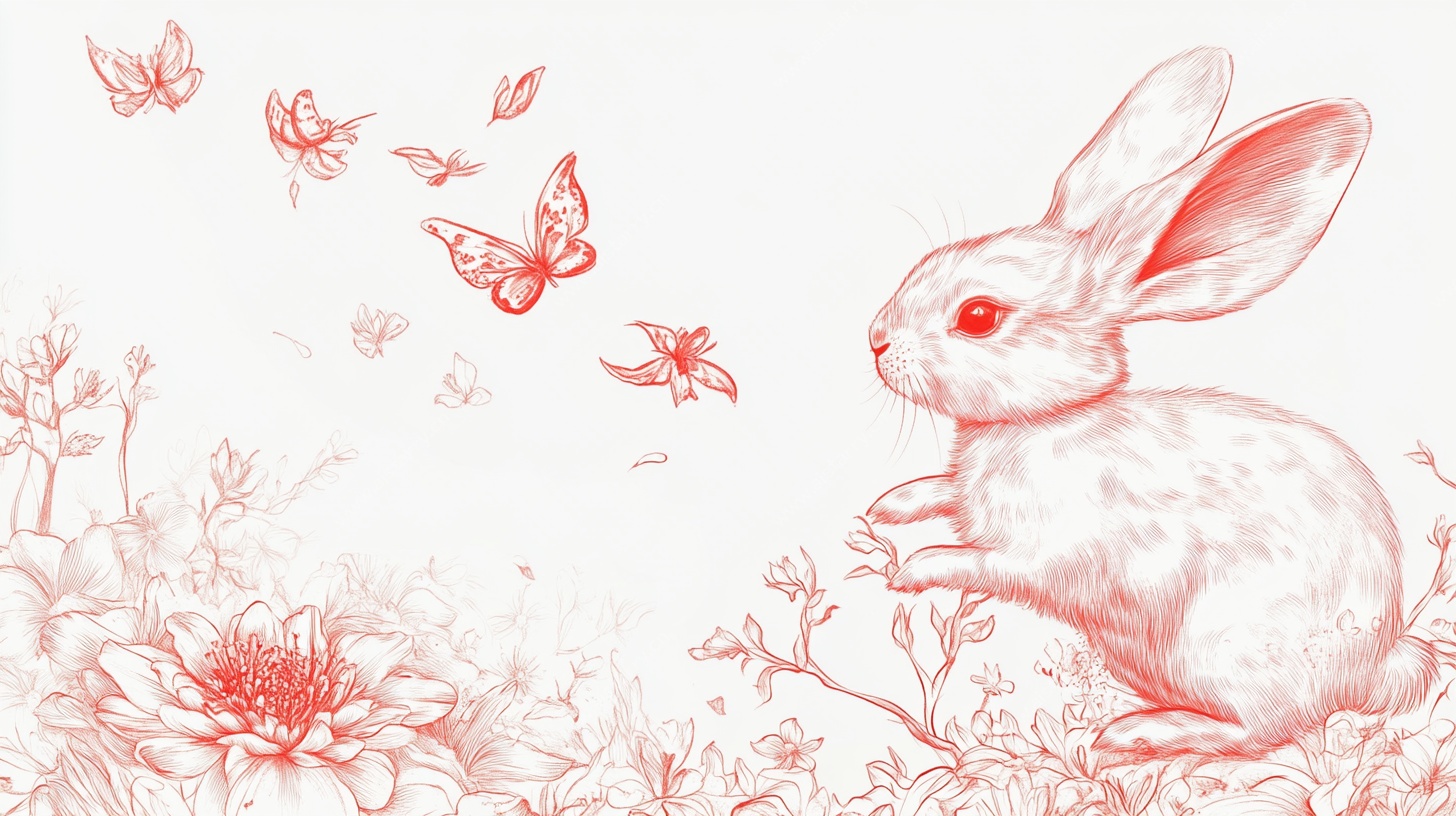 红绘白兔戏蝶图