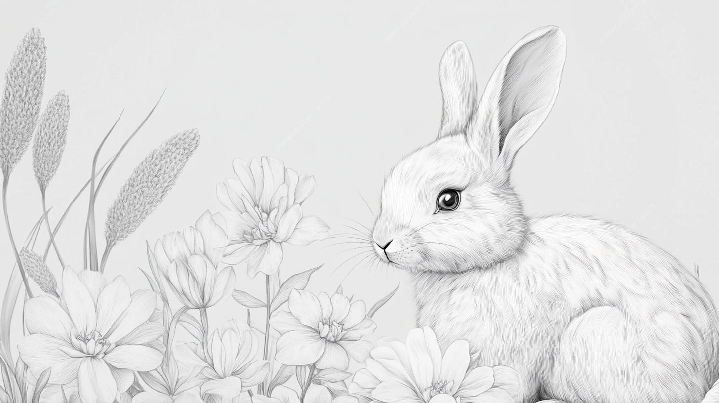 白兔于花草间的静谧一刻