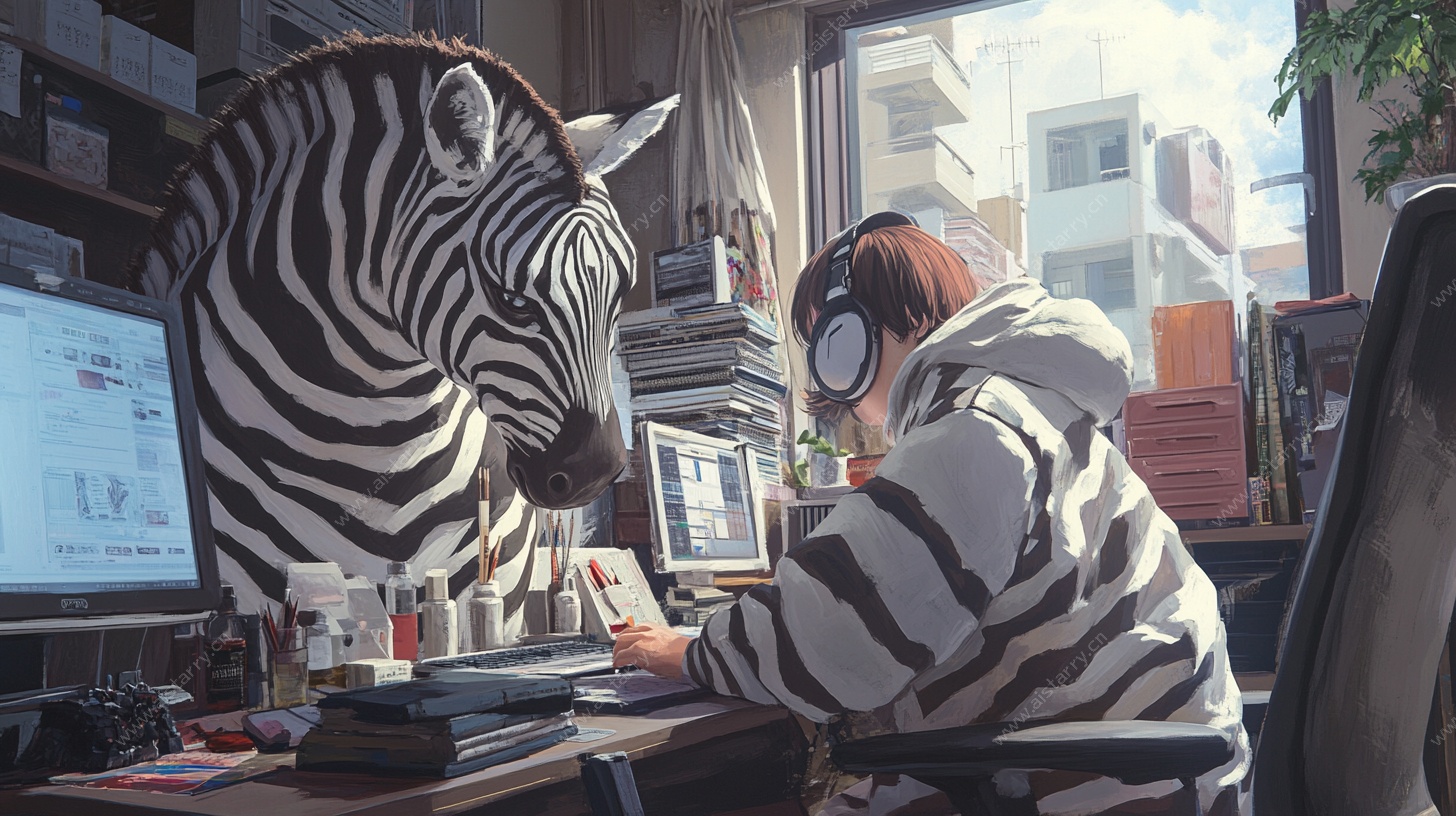 人与斑马的创意办公场景