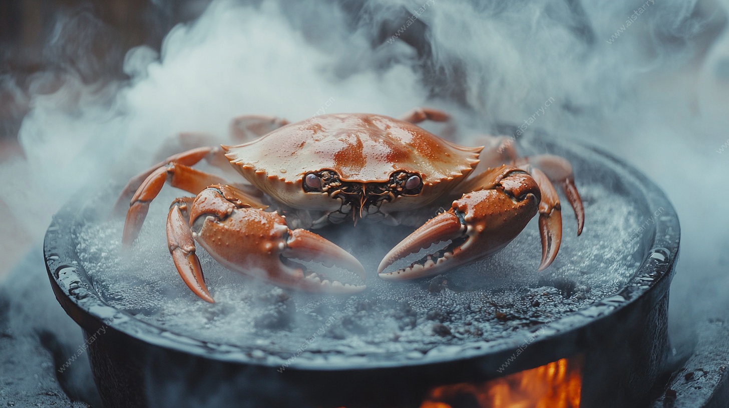 锅中蒸煮的鲜活大螃蟹