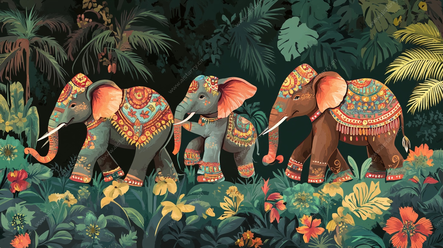 热带丛林中的装饰风大象