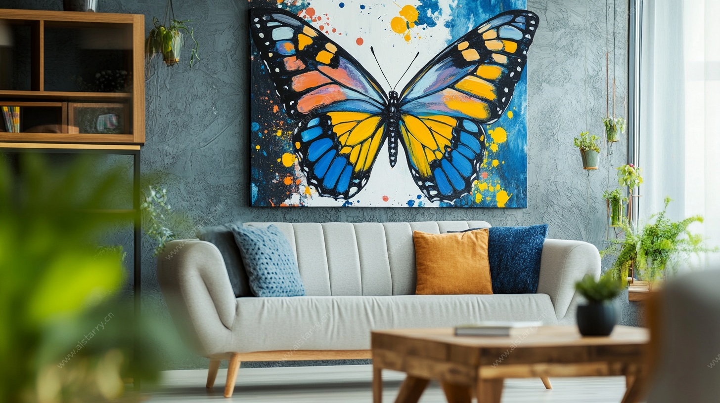 蝴蝶挂画点亮温馨客厅