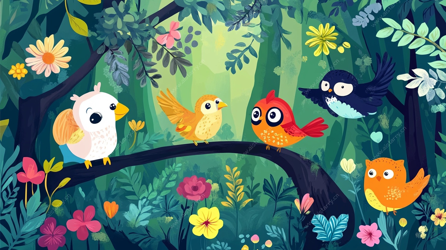 森林中的多彩鸟儿聚会