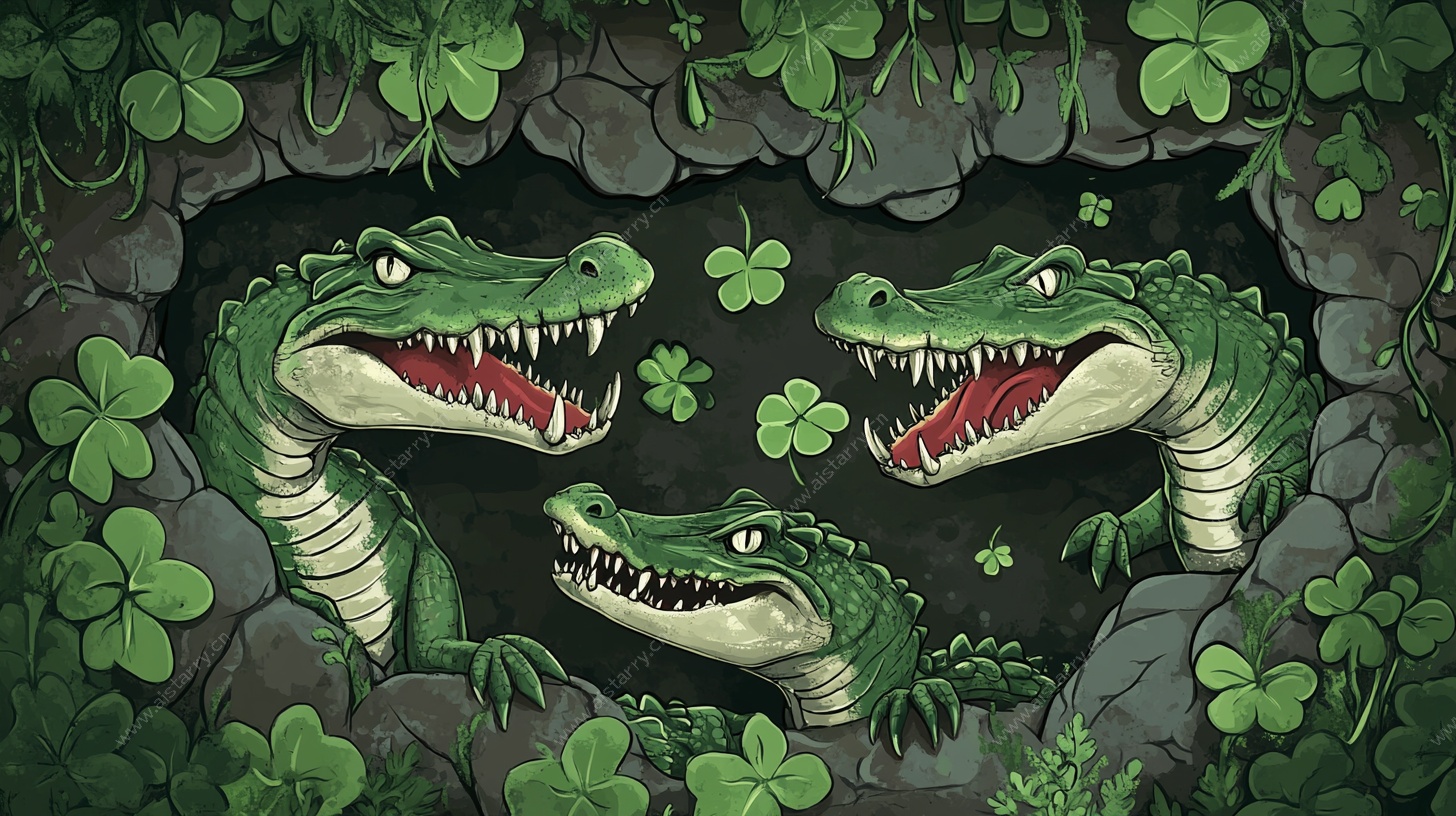 洞穴中的三只鳄鱼插画