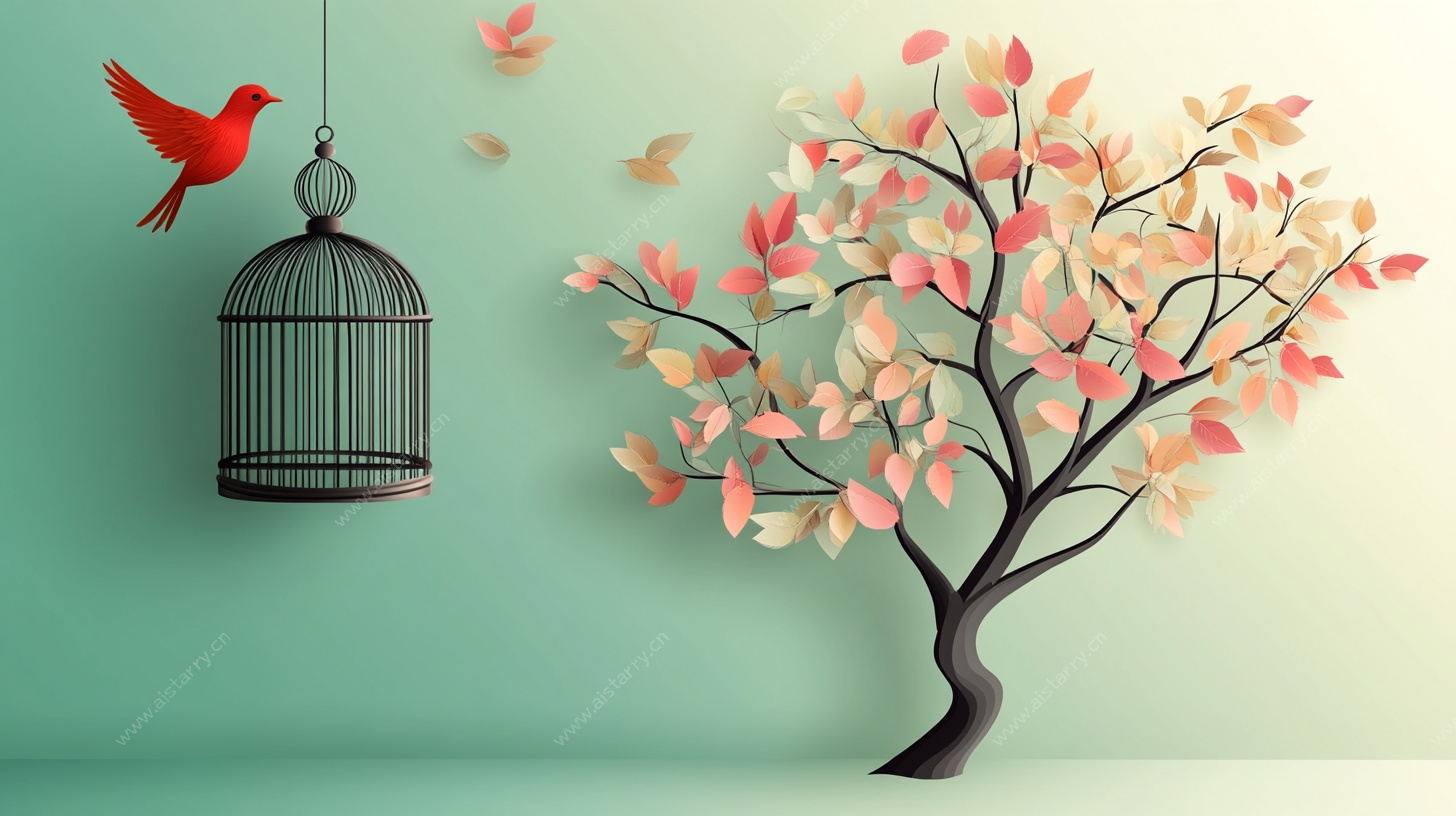 鸟出笼伴繁花树景