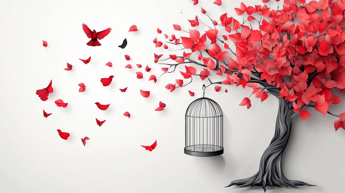 红树飞鸟与鸟笼艺术画面