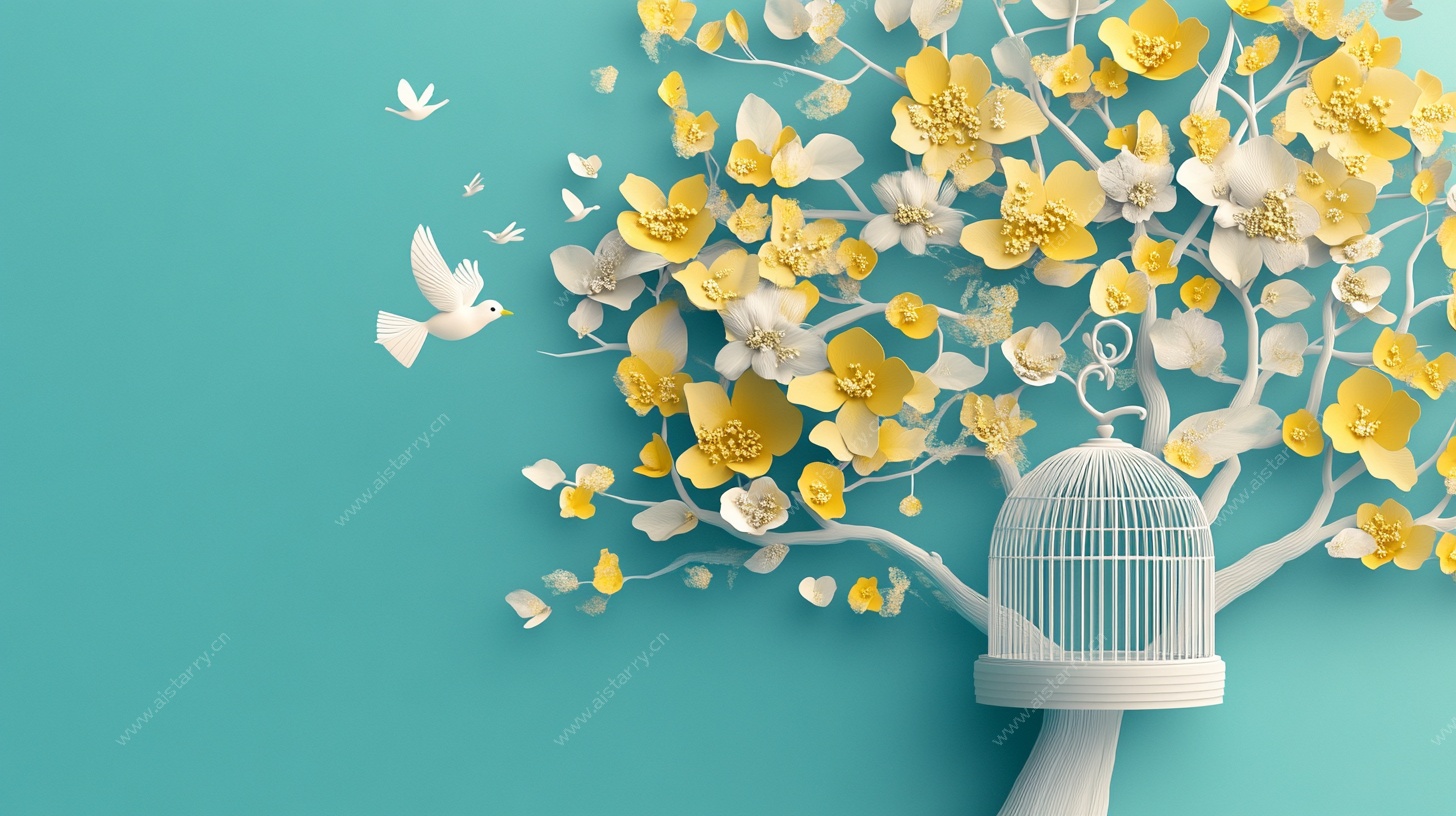 梦幻花鸟树与笼创意画面