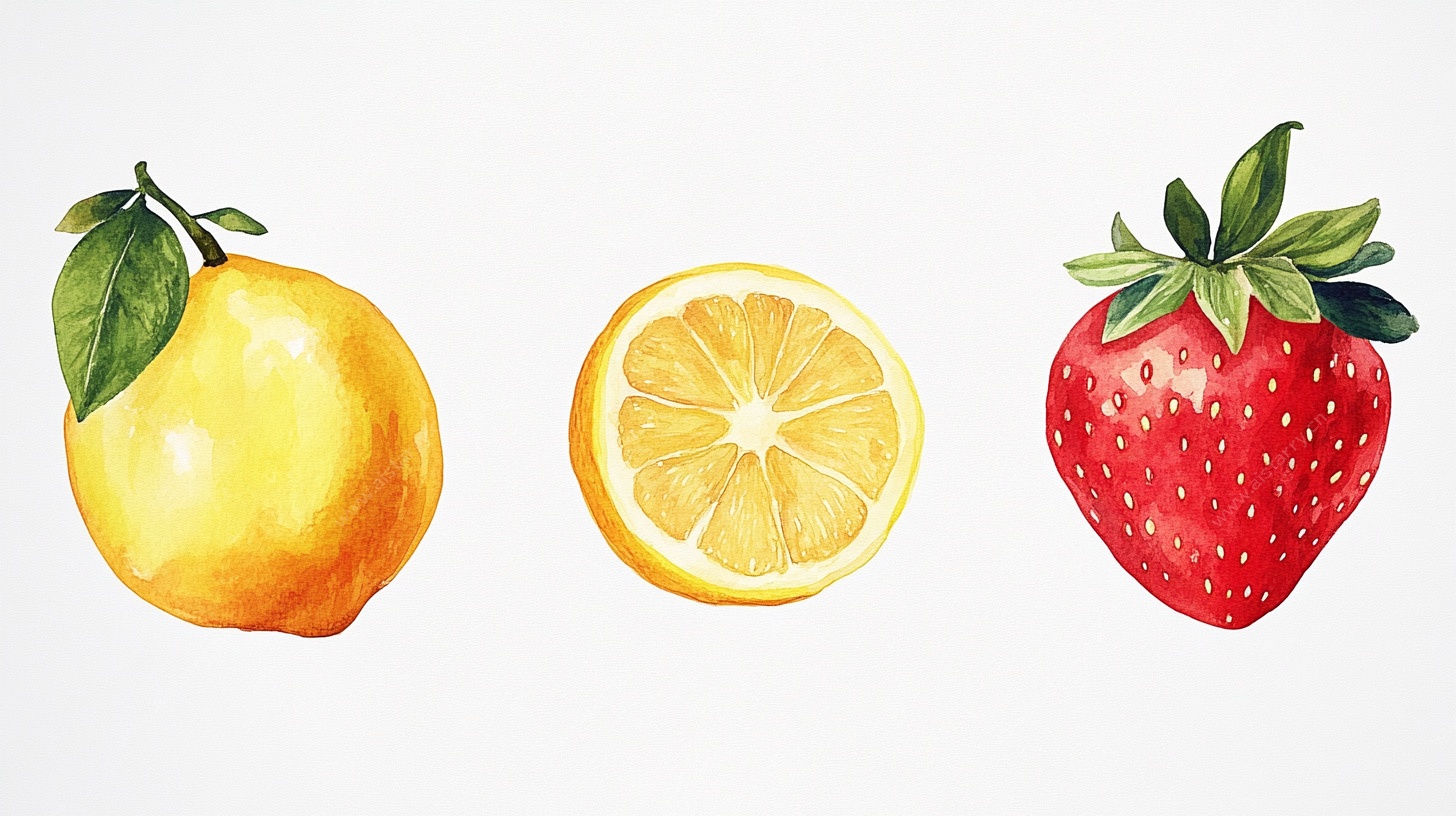 水彩水果插画 柠檬与草莓