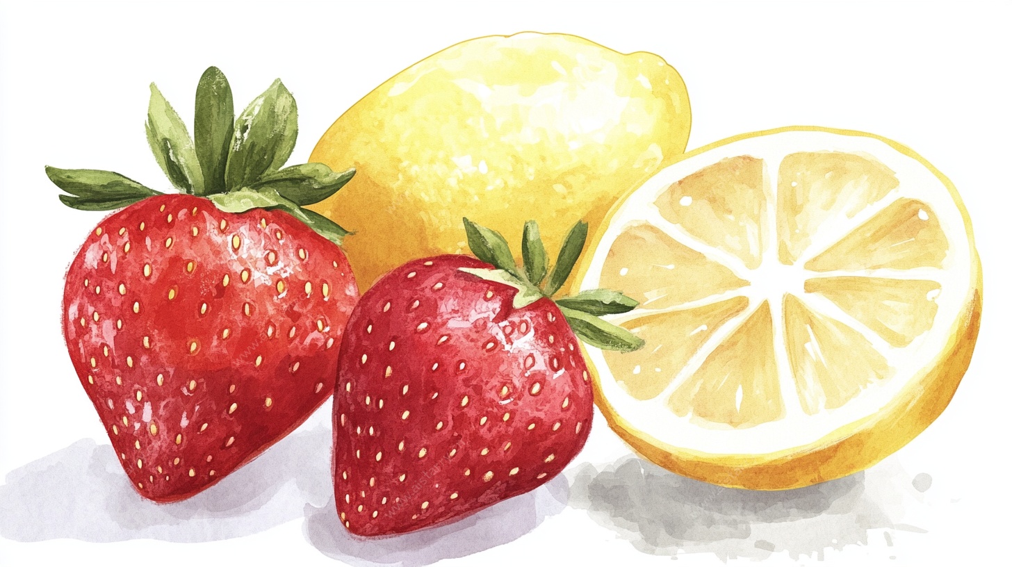 水彩草莓与柠檬静物画