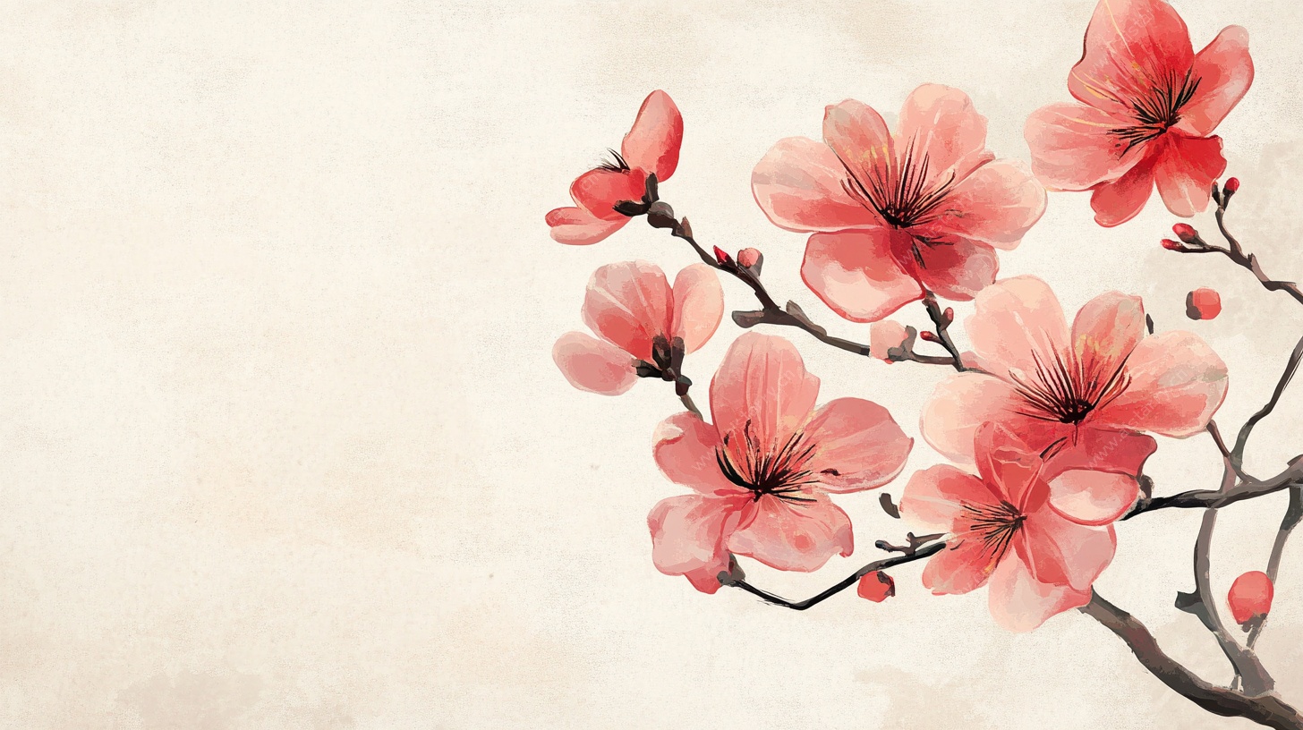 水墨粉樱枝头绽放图