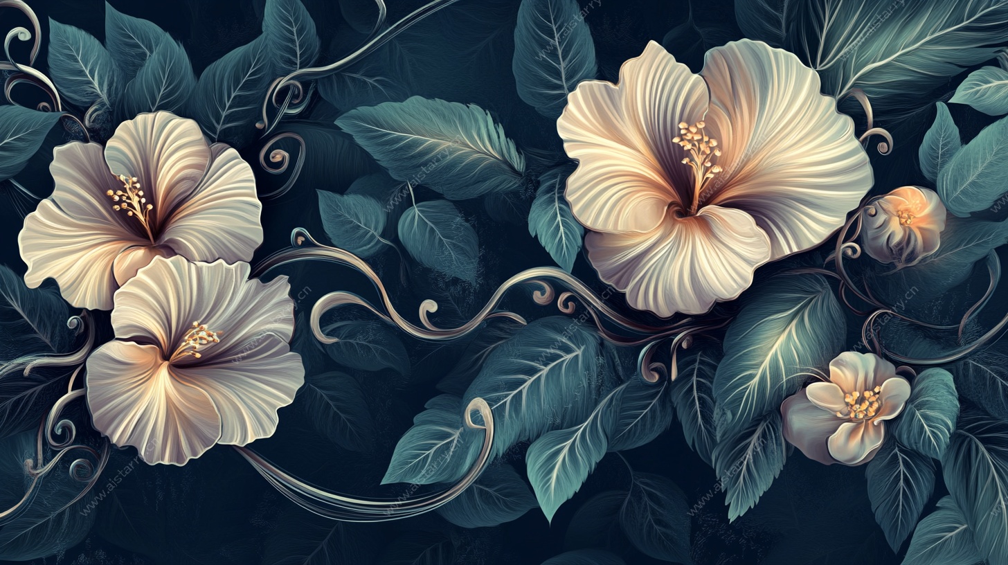 复古风木槿花插画图案