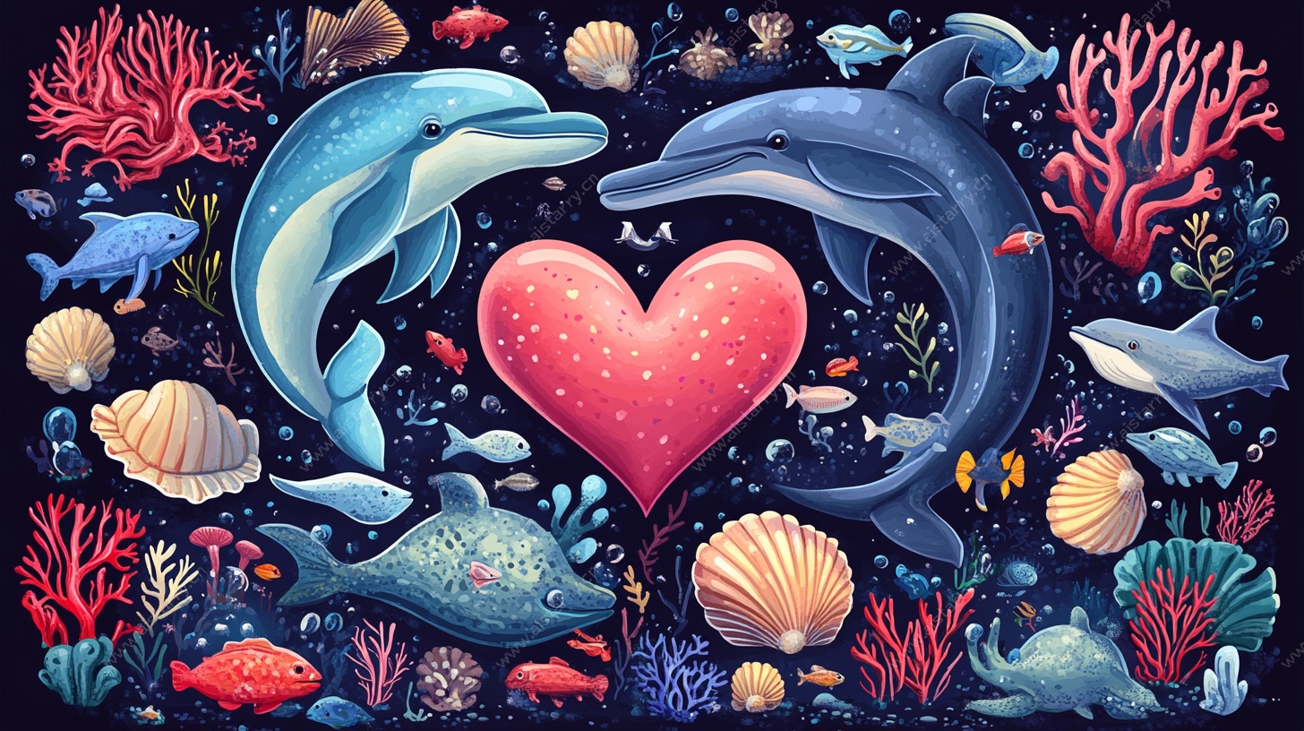 海豚爱心海洋梦幻插画